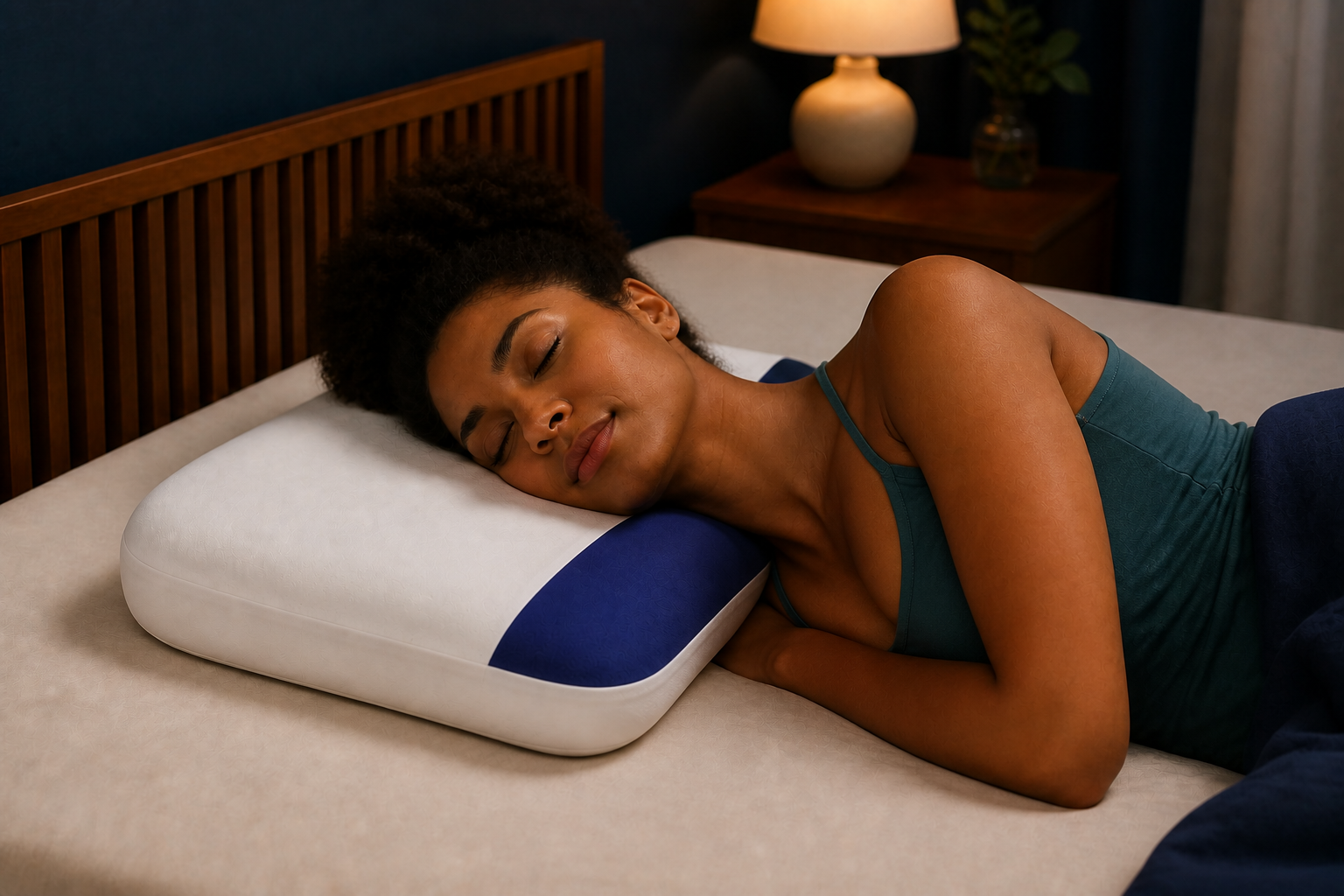 Black woman side sleeping with her head on the lower white zone and neck on the raised blue zone